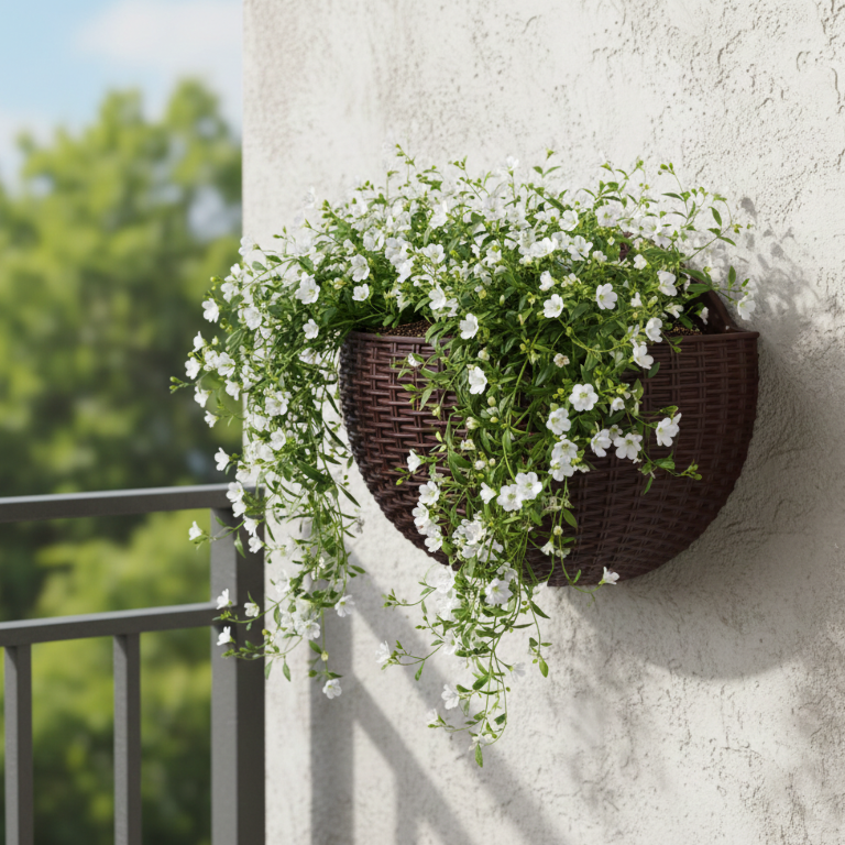 doniczka wiszaca rattan brazowa simplo montaz na balustradzie i plocie