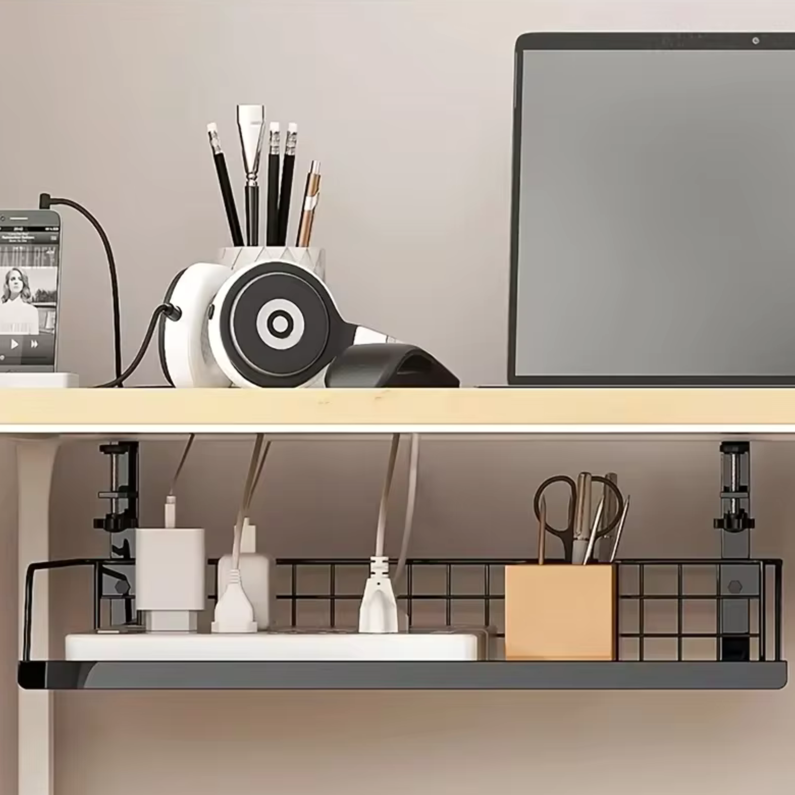 organizer na kable polka pod biurko simplo pod blatem z listwa zasilajaca