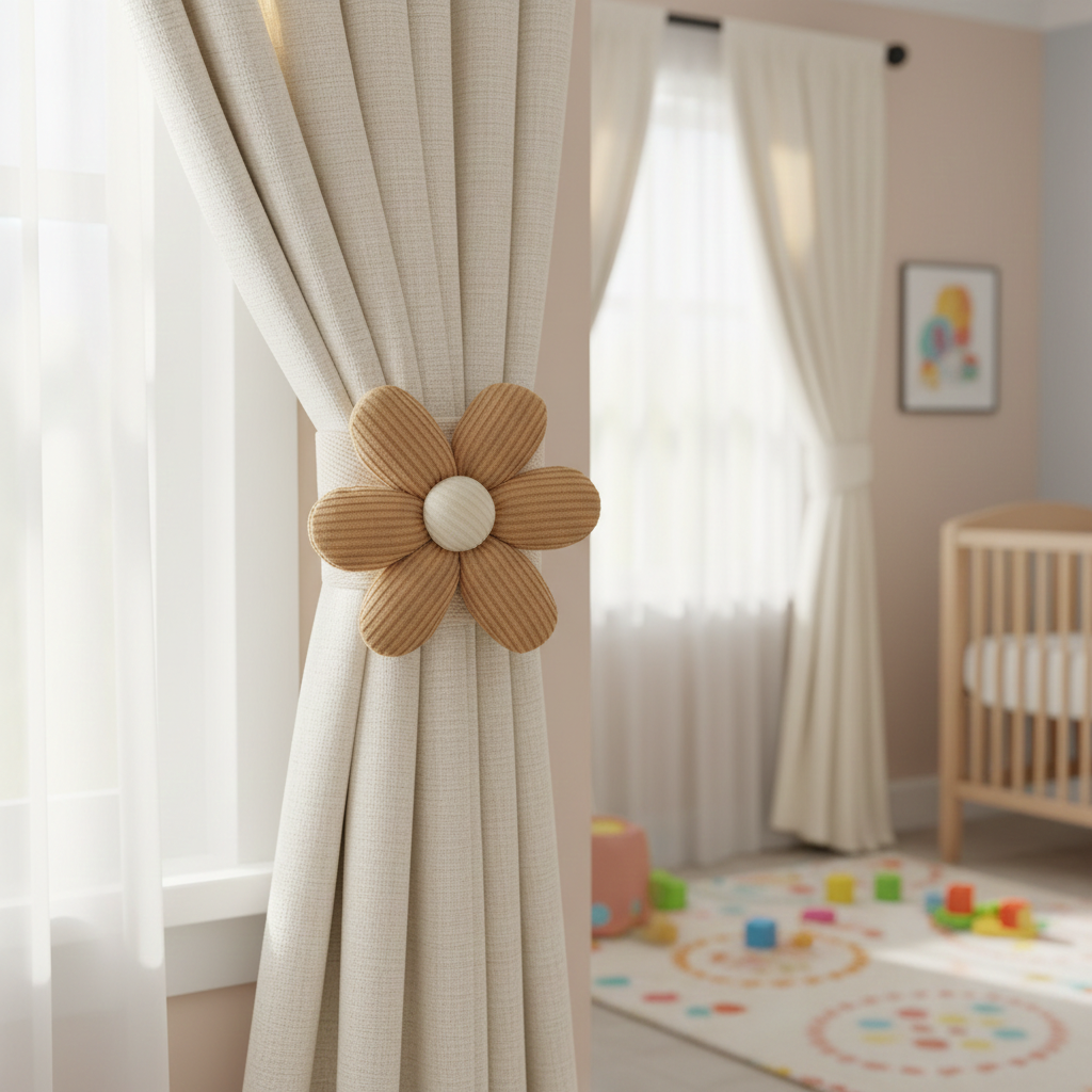 upiecie do zaslon firan upinacz kwiatek braz beż kremowa tasiemka montaż wiązanie