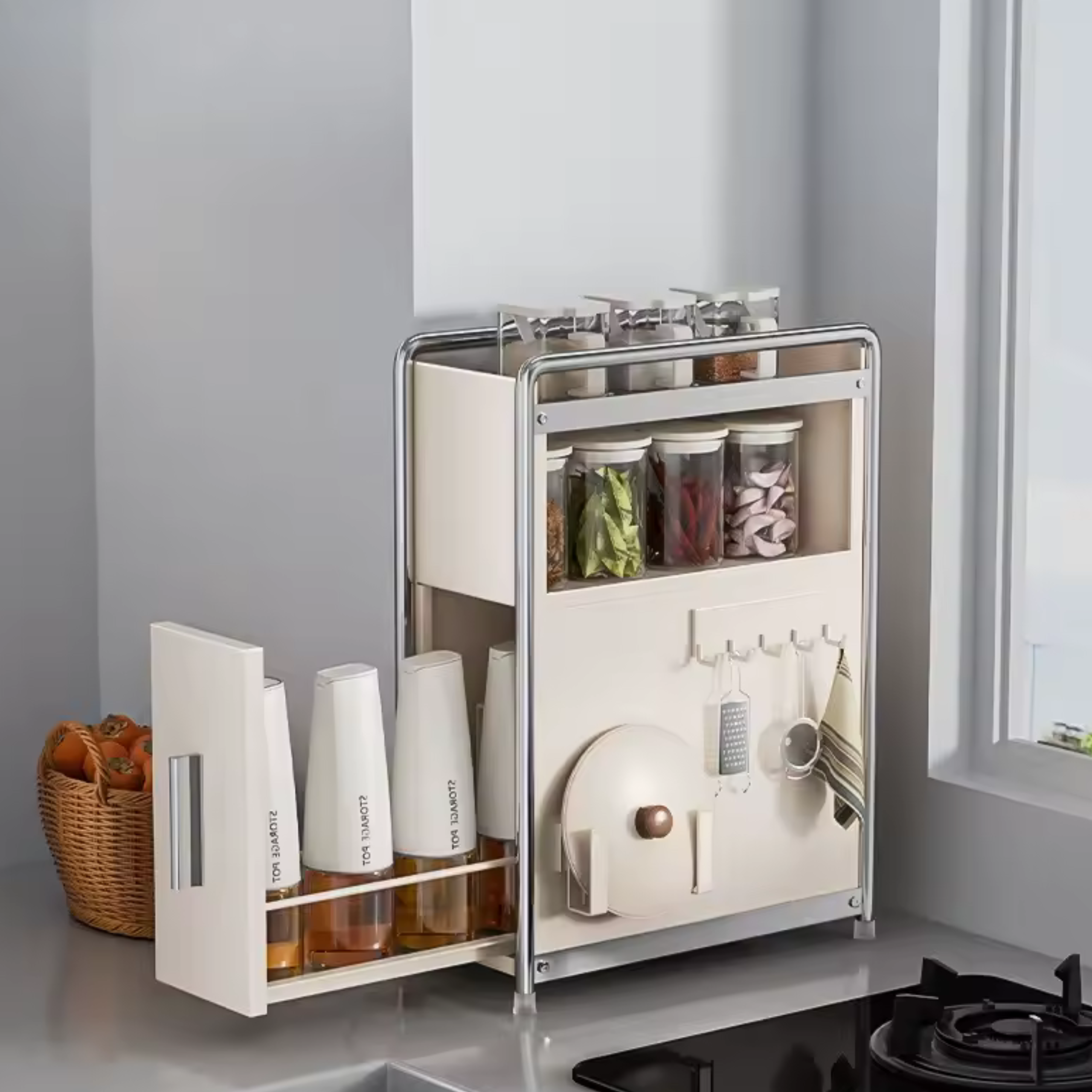 organizer kuchenny na przyprawy szafka cargo nablatowa simplo bezowa z butelkami i przyprawami