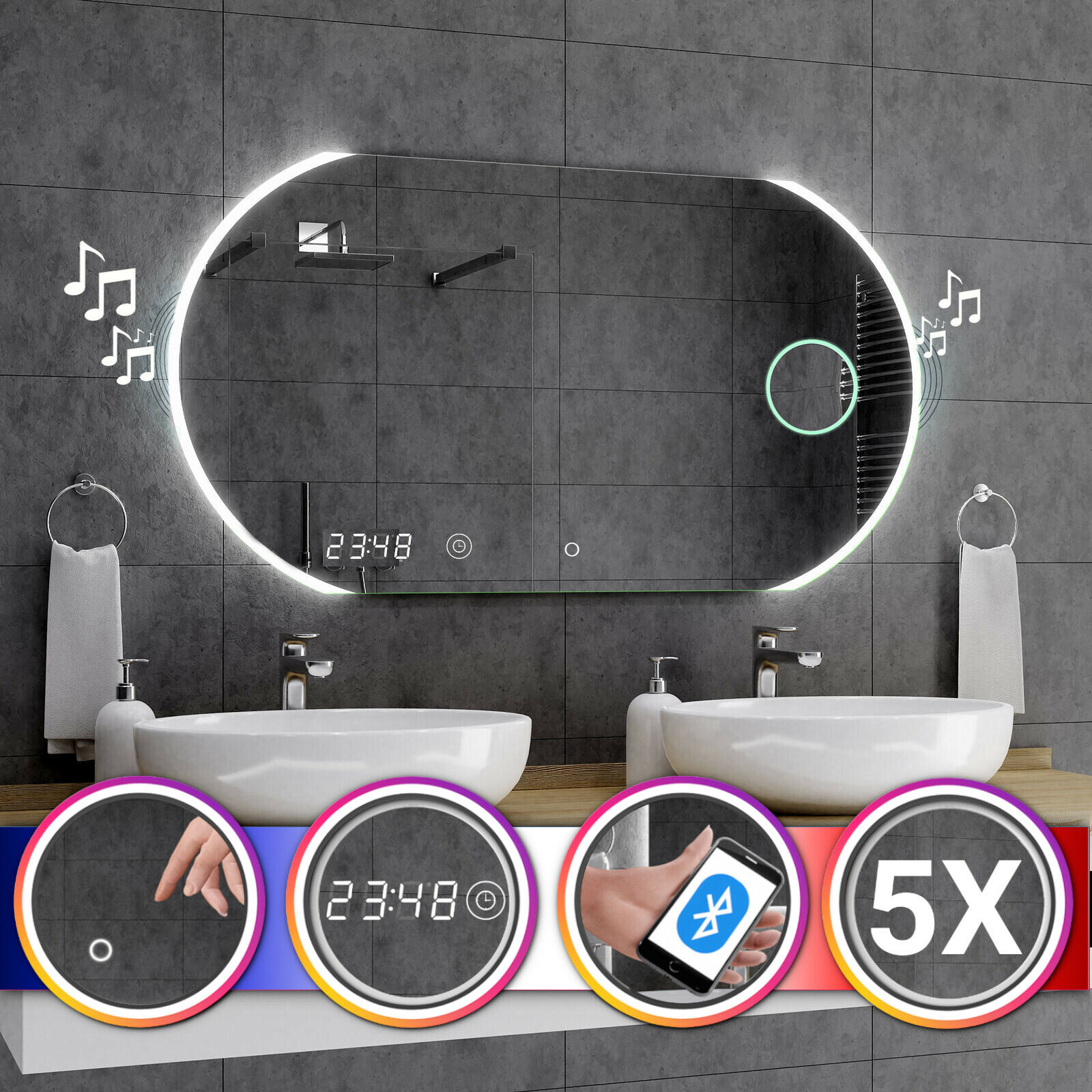 Miroir De Salle De Bain LED Intelligent Dubai - Bluetooth, Horloge, Interrupteur - Design Moderne
