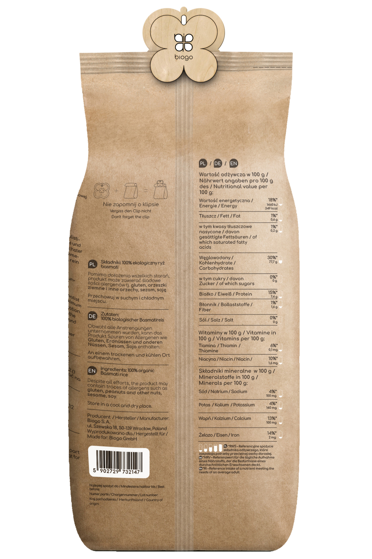 Orez basmati BIOGO spatele ambalajului