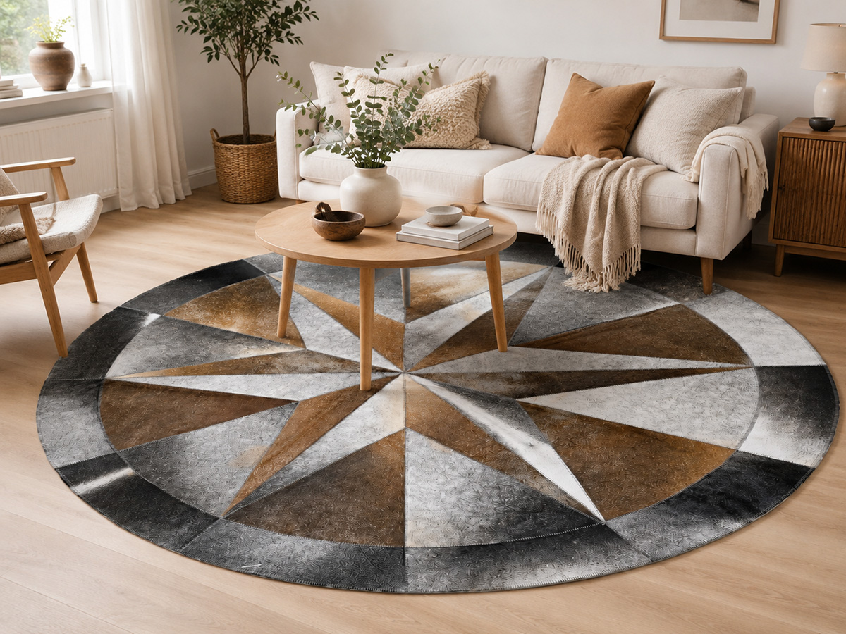Kuhfell Patchwork | Grau-Braun-Creme, ca. 145x145 cm | Muster Silberkompass