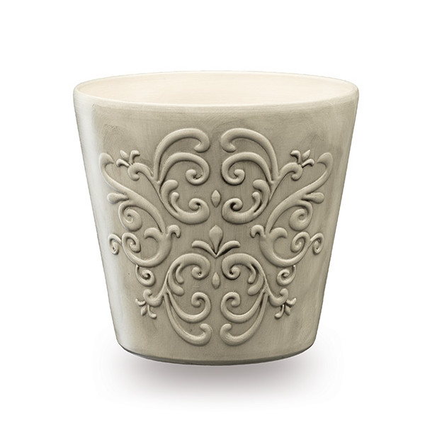 Masca ceramica decorativa cu model Retro, cu diametrul de 16 cm, culoarea granit, fara gauri de drenaj, pentru plante de interior, cu finisaj executat manual prin vopsire