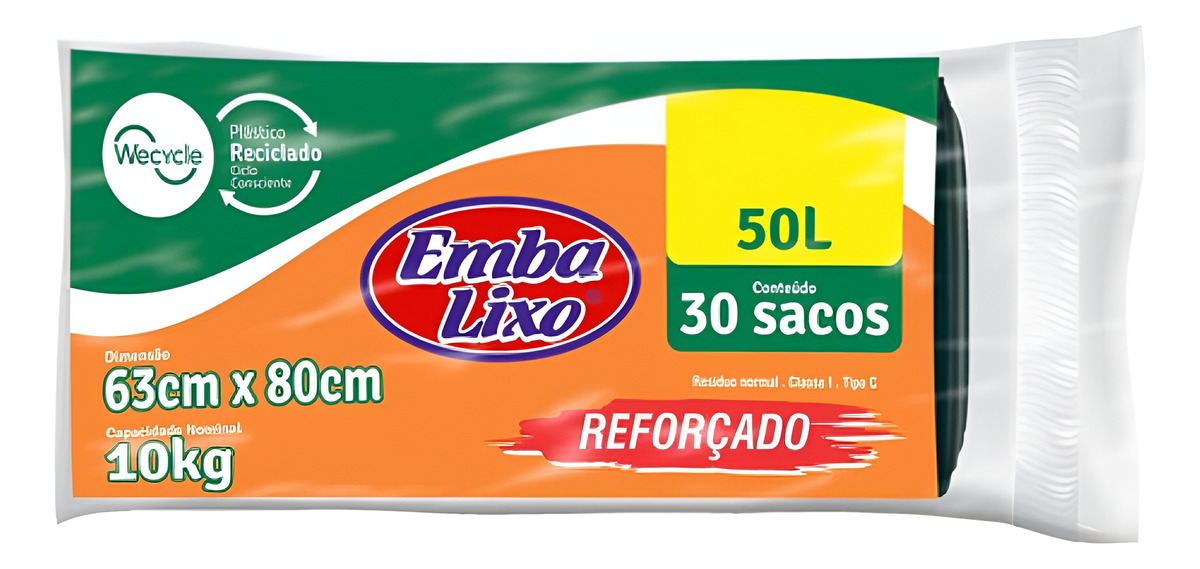 Saco De Lixo Embalixo Preto Reforçado 50 Litros 30 Unidades