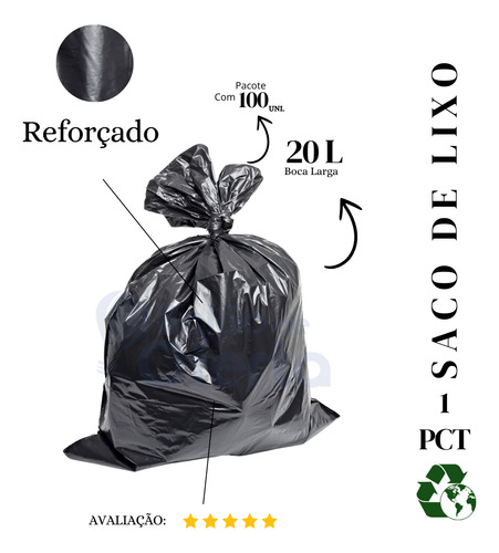 Saco De Lixo 20 Litros Reforçado preto - 500 Unidades Cor Preto (pacote 1,2kg 45x54 0,08Micras) 6KG
