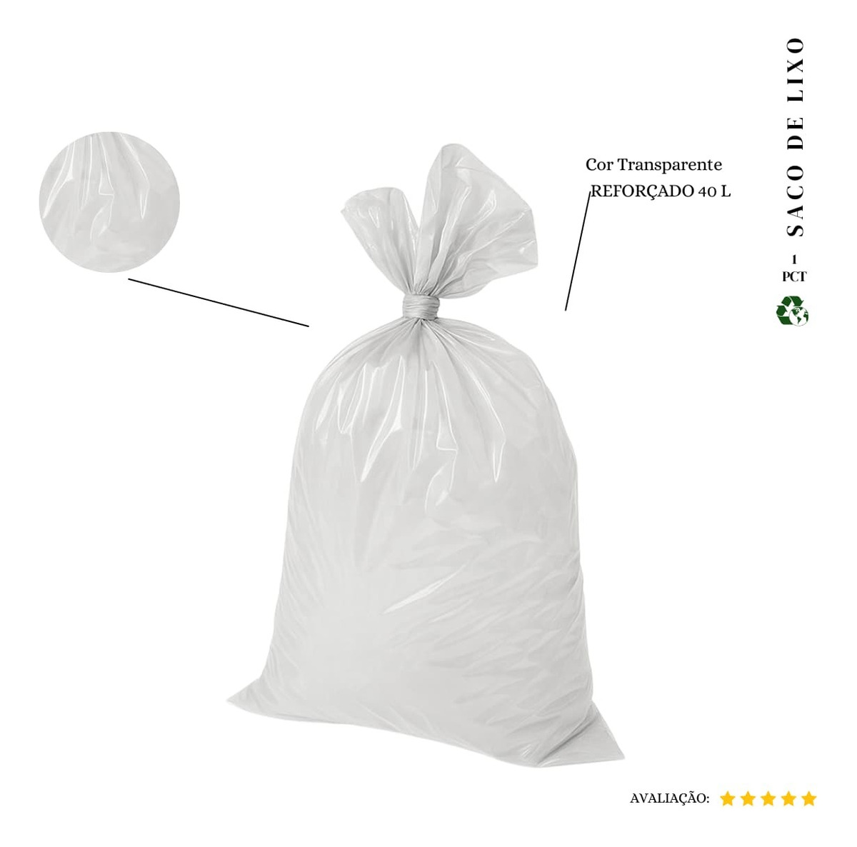 Saco De Lixo 40 Litros Reforçado P1 - 100Unidades Cor Transparente (pacote 1,8kg 58x63 0,08Micras)  1,8kg