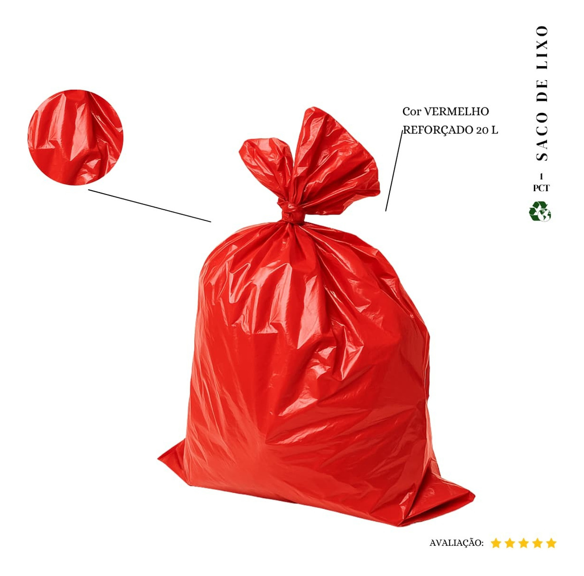 Saco De Lixo 20 Litros Reforçado - 20 Unidades Cor Vermelho (pacote 1,2kg 45x54 0,08Micras) 0,24KG