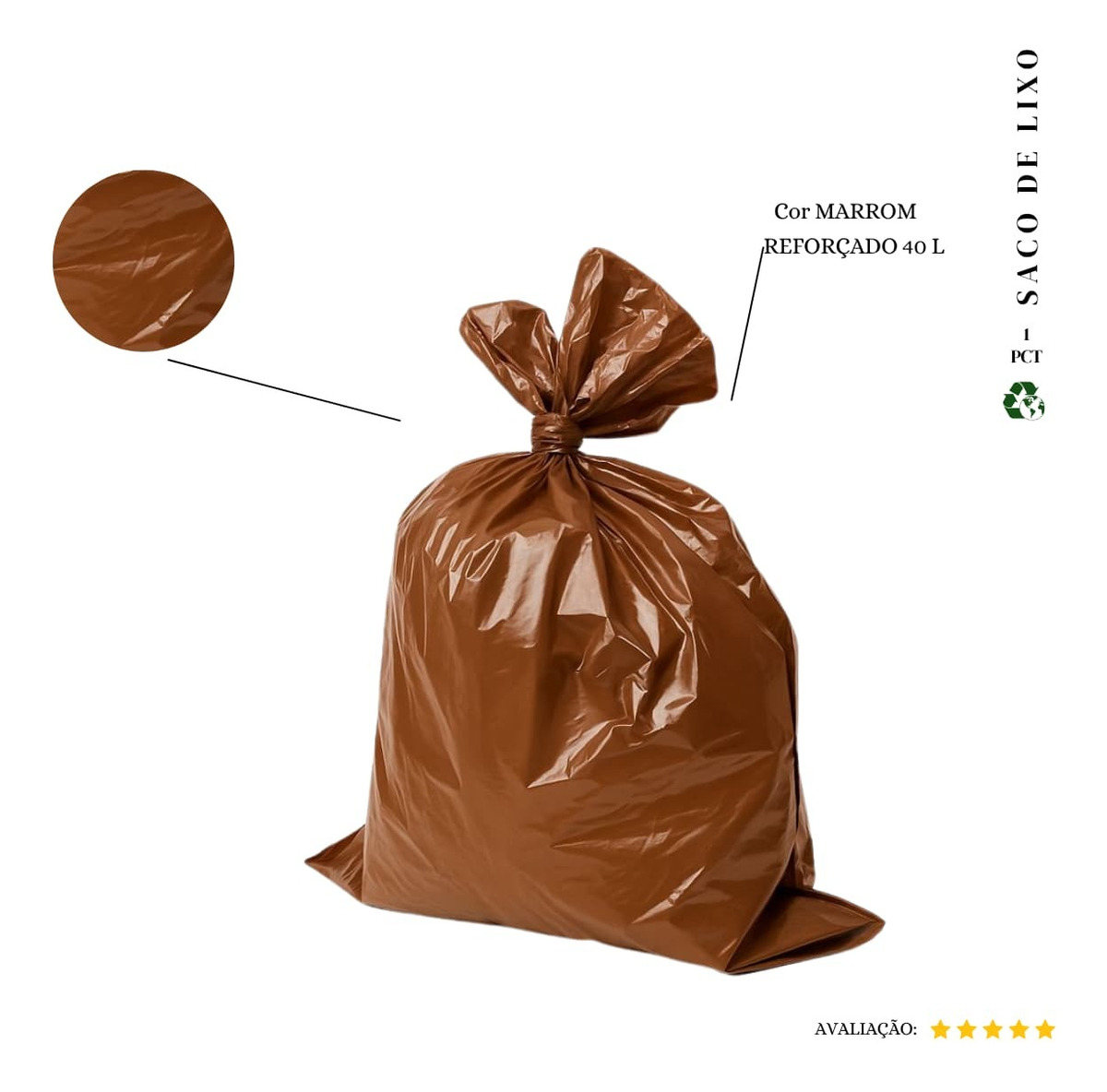 Saco De Lixo 40 Litros Reforçado P1 - 50 Unidades Cor Marrom (pacote 1,8kg 58x63 0,08Micras)  0,9kg