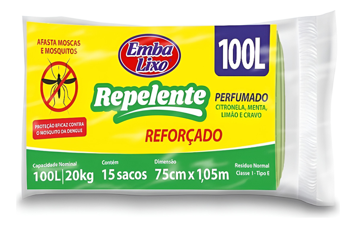 Saco De Lixo Repelente 100 Litros Com 15 Sacos Embalixo