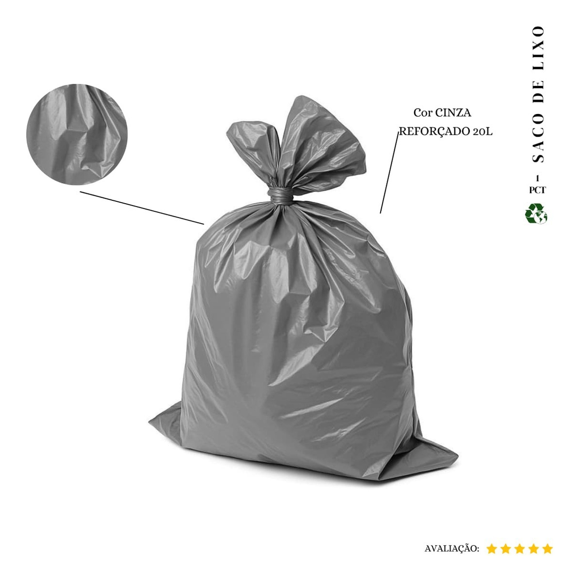Saco De Lixo 20 Litros Reforçado - 50 Unidades Cor cinza (pacote 1,2kg 45x54 0,08Micras) 0,6KG