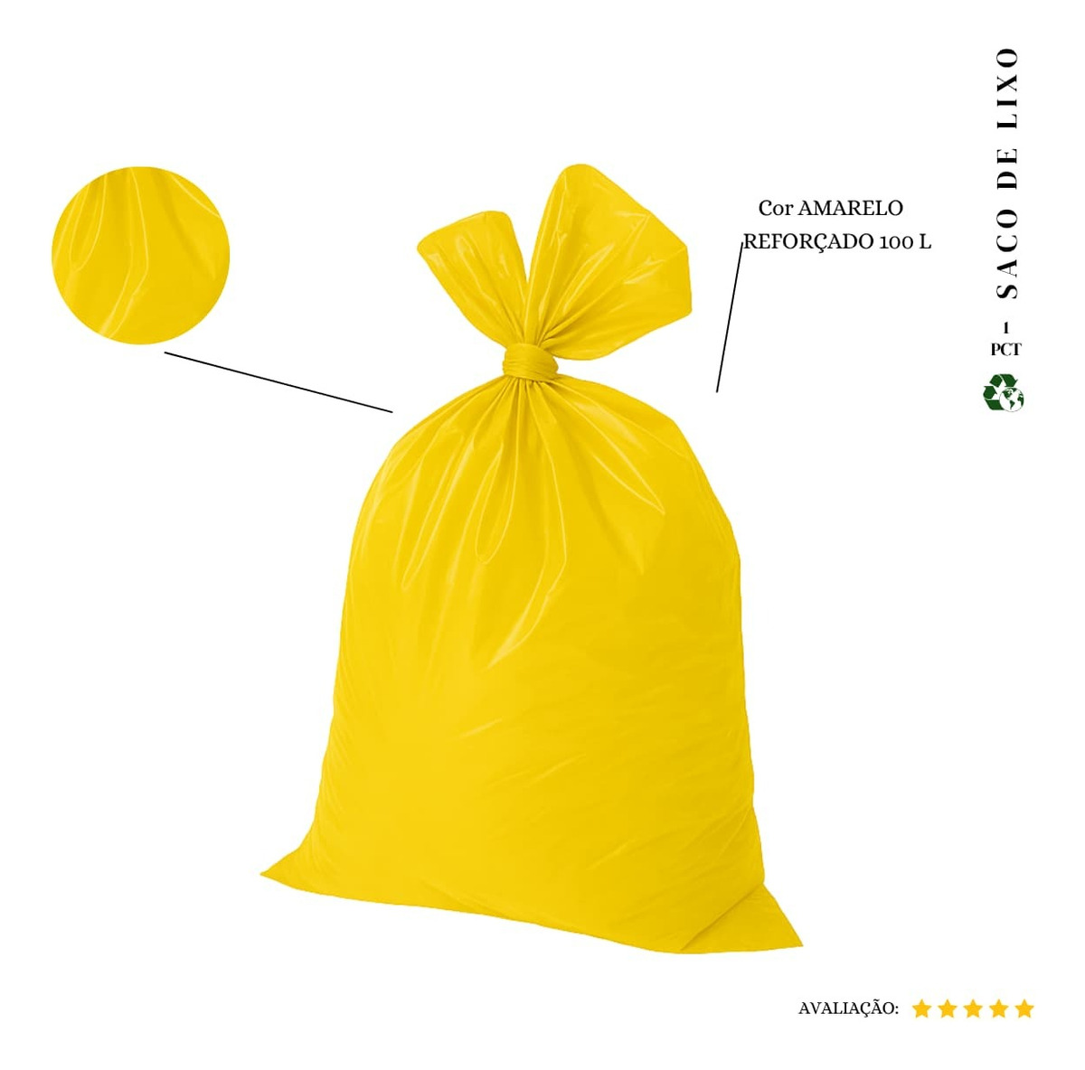 Saco De Lixo 100 Litros Reforçado P4 - 100 Unidades Cor Amarelo (pacote 4kg 90x100 0,08Micras) 4kg