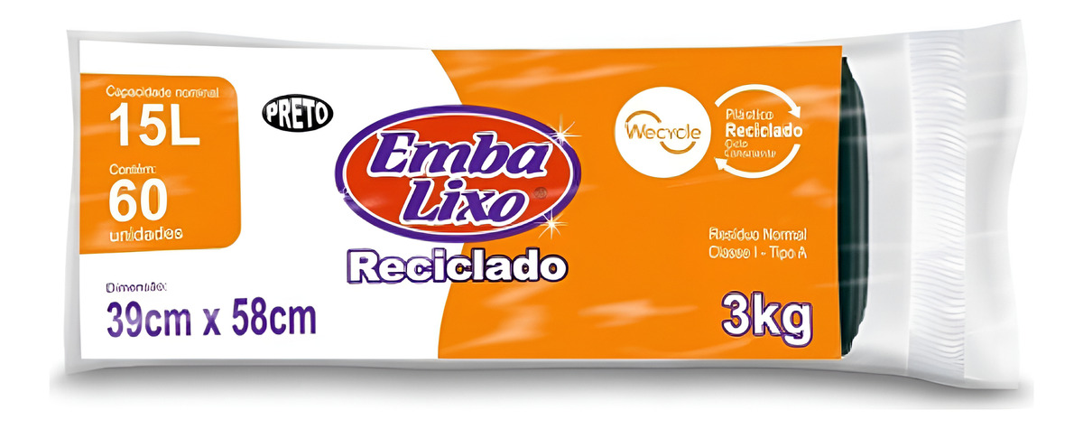 Saco Para Lixo Reciclado Preto 15l Com 60 Unidades Embalixo