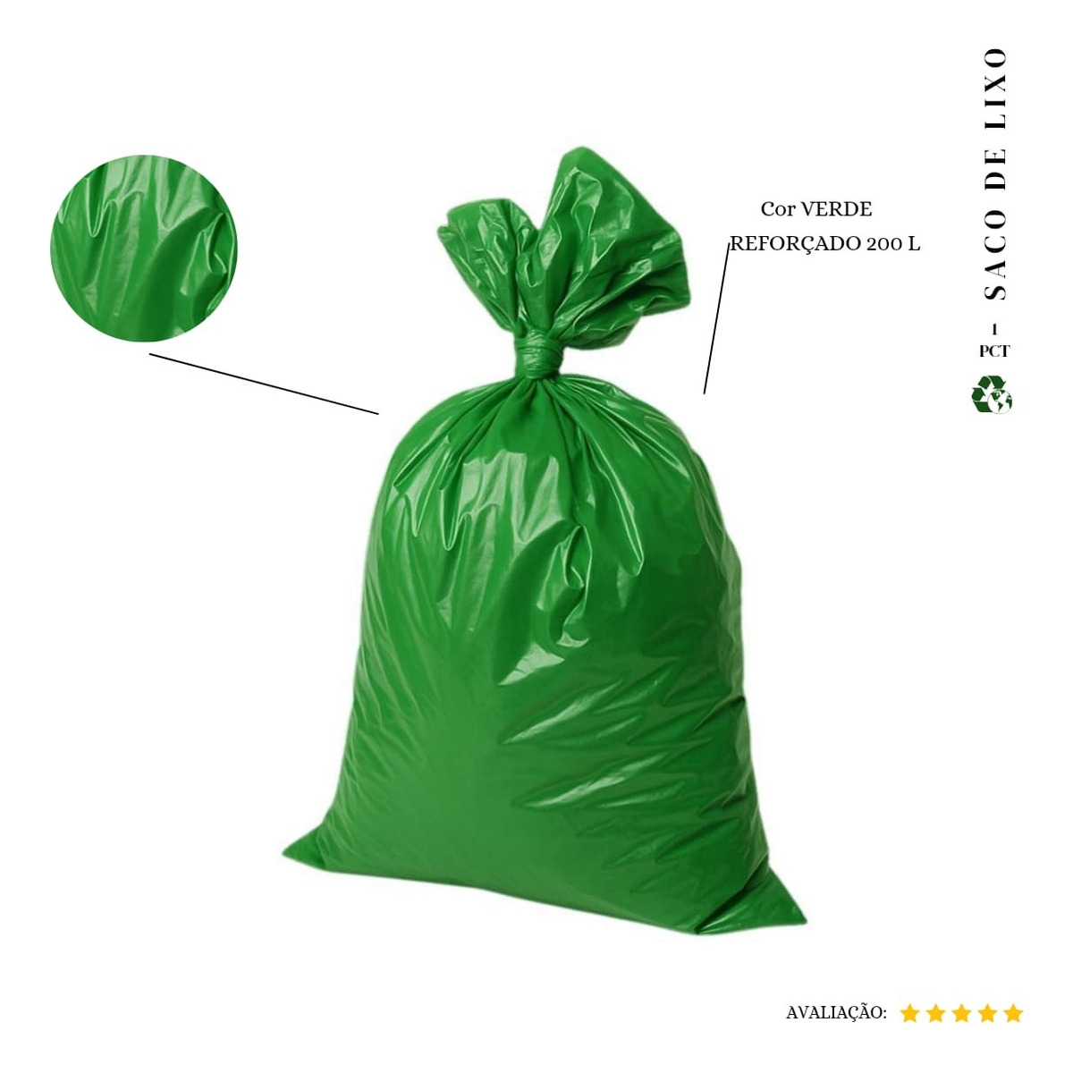 Saco De Lixo 200 Litros Reforçado P5 - 100 Unidades Cor Verde (pacote 5kg 90x120 0,08Micras) 5kg