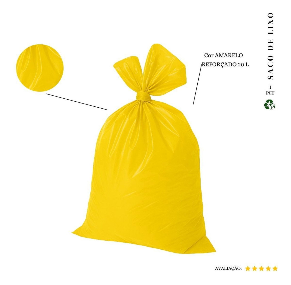 Saco De Lixo 20 Litros Reforçado - 50 Unidades Cor Amarelo (pacote 1,2kg 45x54 0,08Micras) 0,6KG