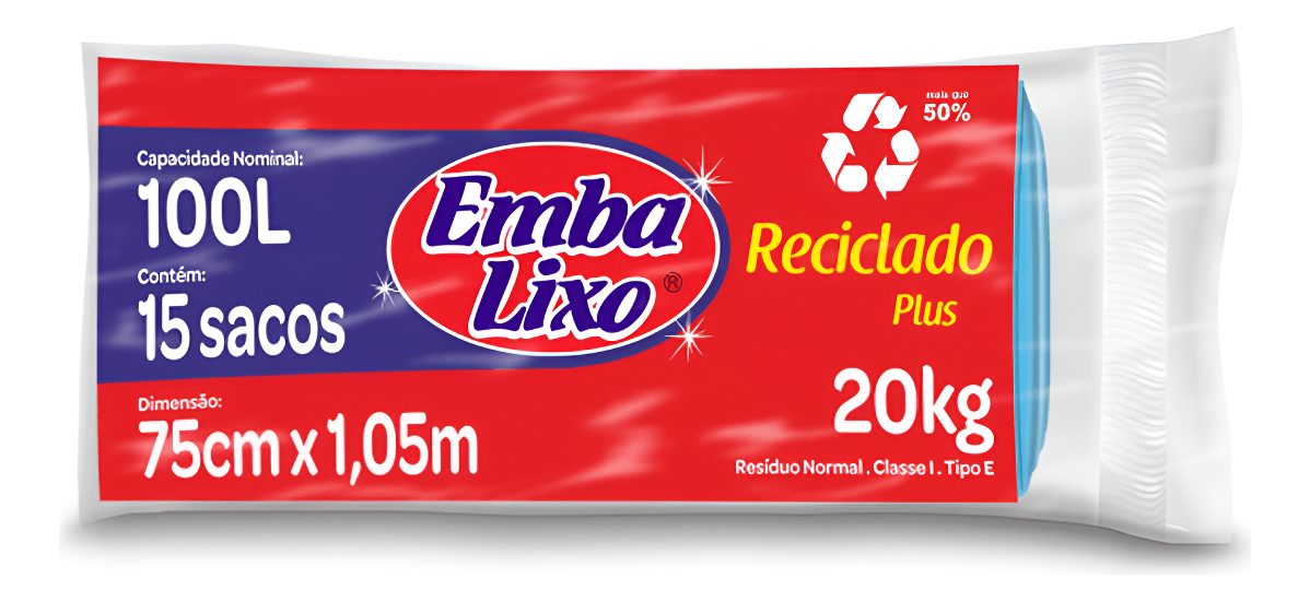Saco De Lixo Reciclado 100l Azul 75x105cm Pt 15un Embalixo