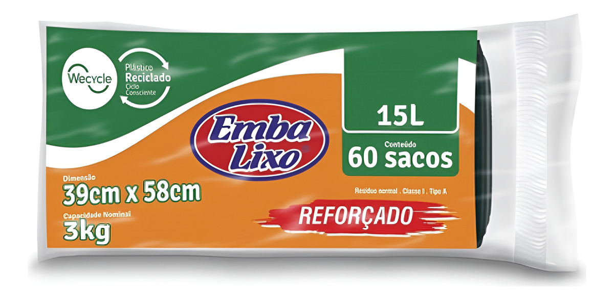 Saco Para Lixo Embanew Reforçado Preto 15l Com 60 Unidades