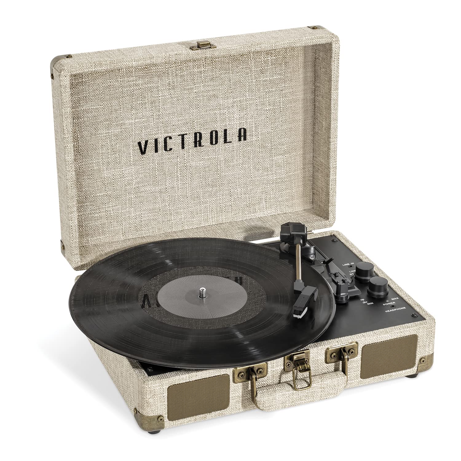 Victrola Journey+ Signature Turntable Record Player - 33-1/3, 45 & 78 RPM Suitcase Vinyl Record Player, Bluetooth Connectivity & Built-in Speakers, Stereo RCA Output, Linen Finish (Cream)