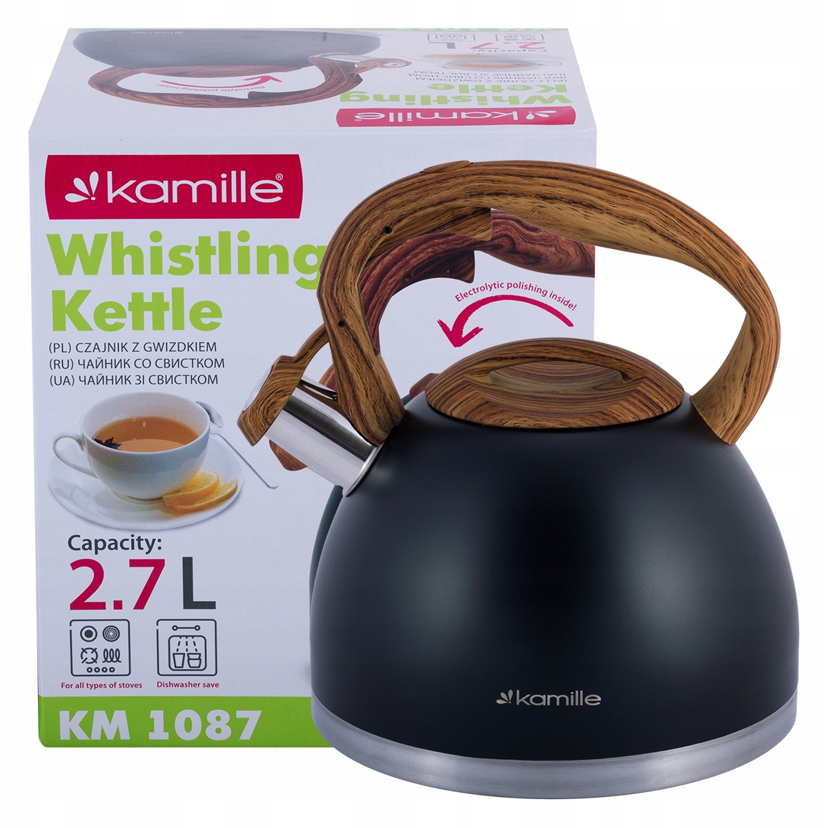 Czarny czajnik stalowy Kamille 2,7 l z gwizdkiem