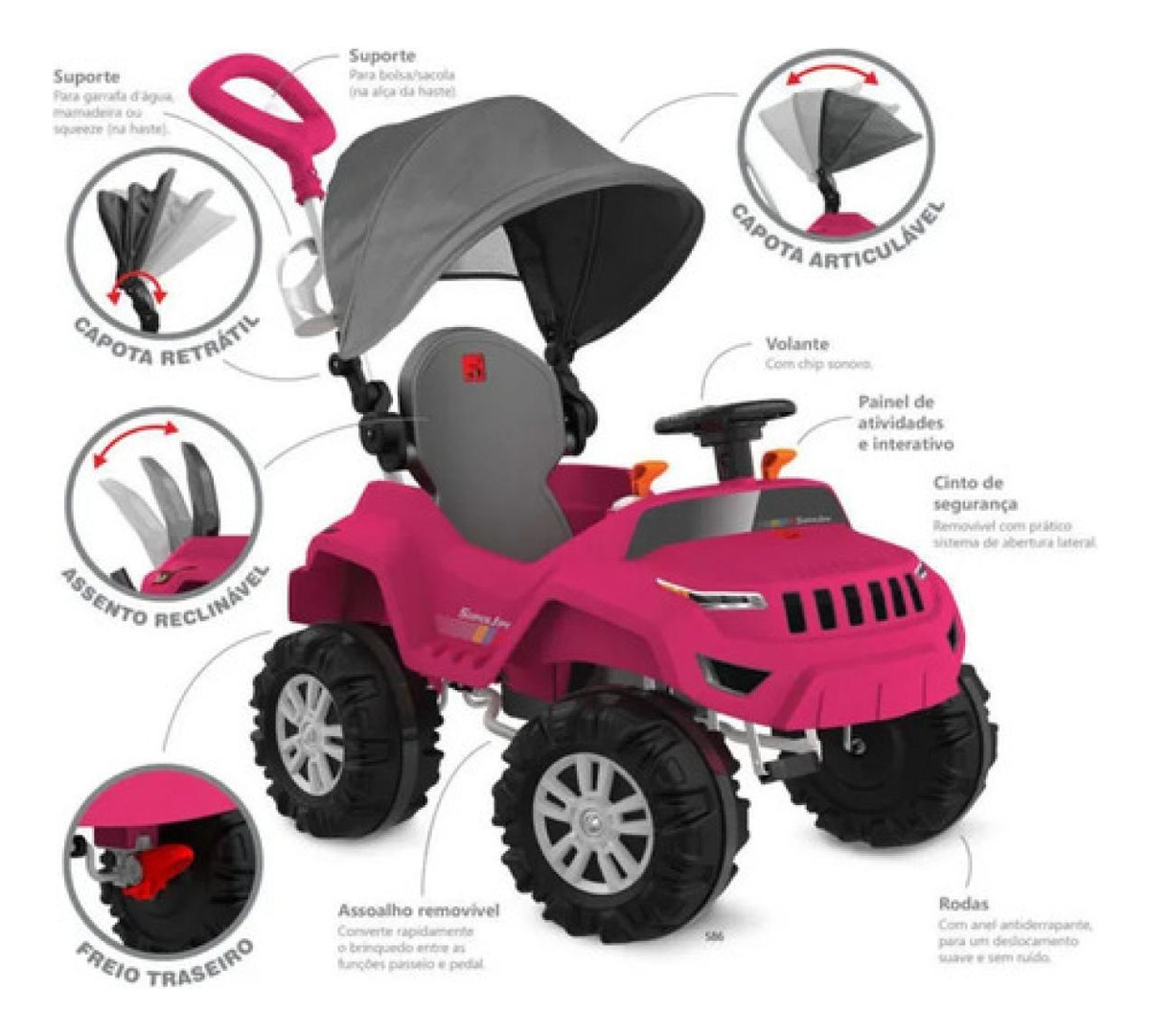 Superjipe Reclinável Capota Passeio Pedal (pink) Bandeirante Rosa