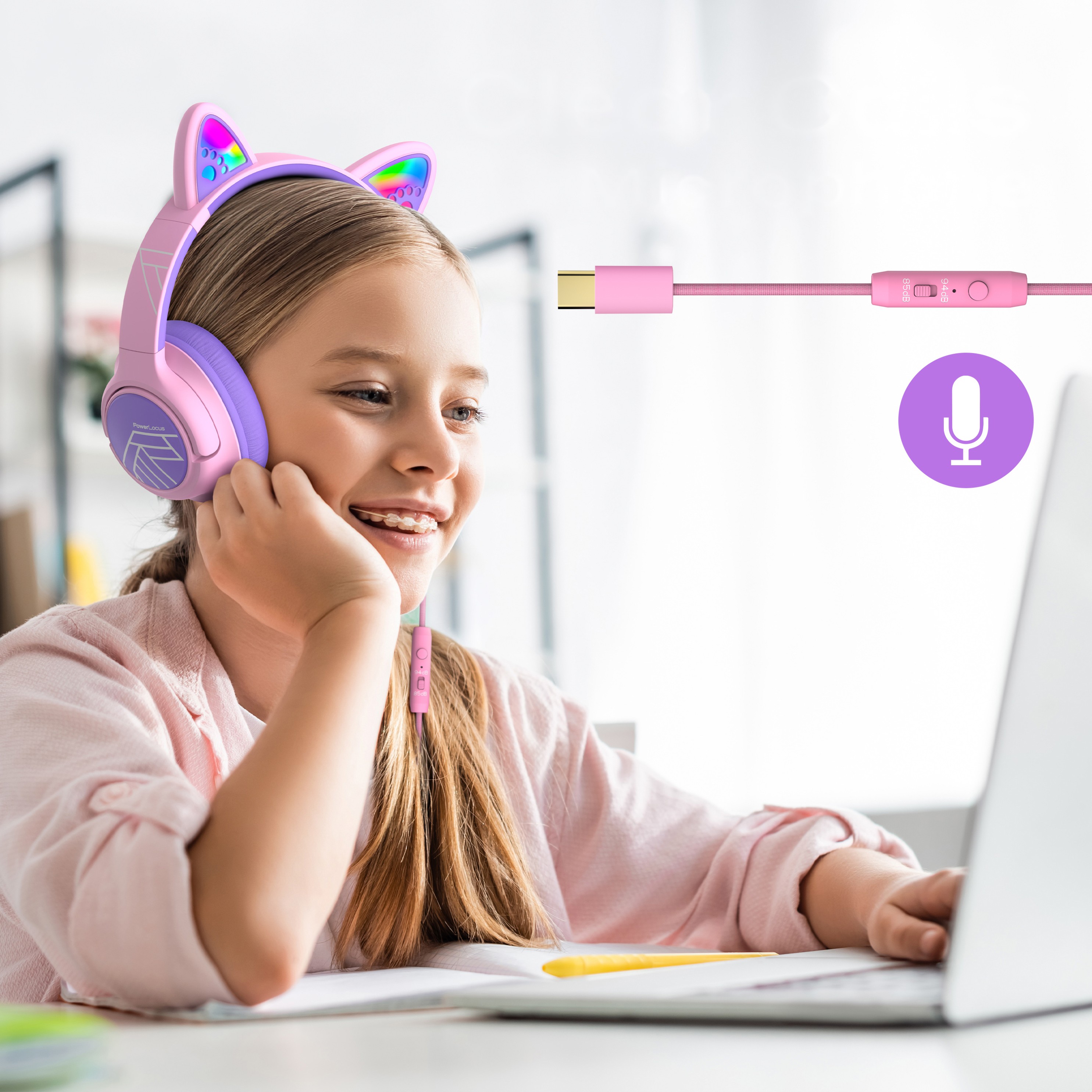 Słuchawki przewodowe USB-C dla dzieci PowerLocus Bobo Cat Ears Wired