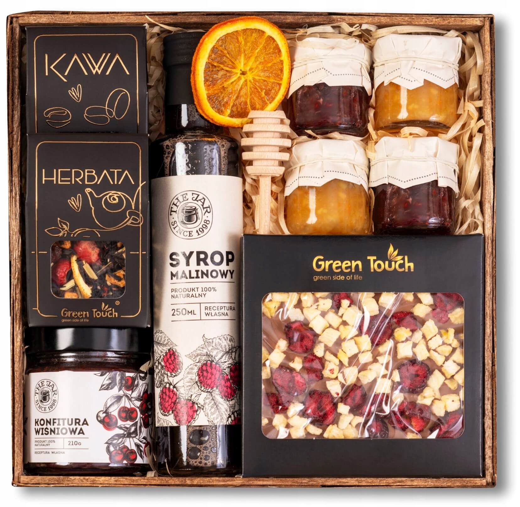 Set cadou Green Touch, ceai, cafea, sirop de zmeura, ciocolata